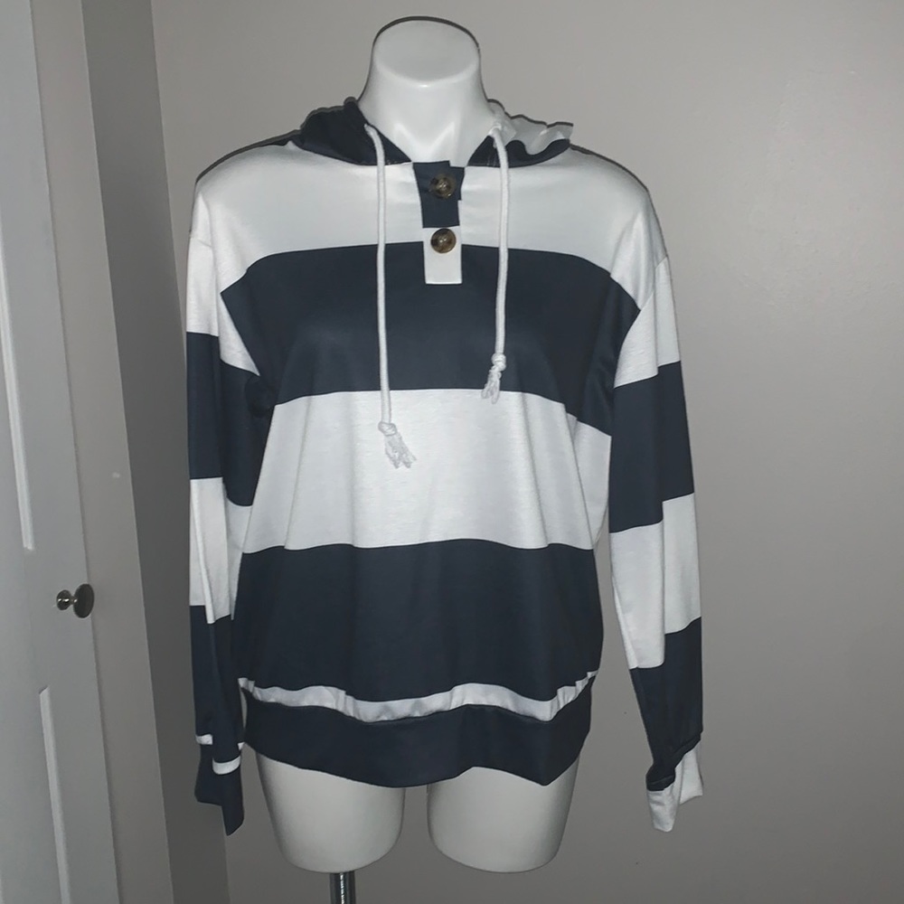 Striped Drawstring Hooded Button Sweatshirt